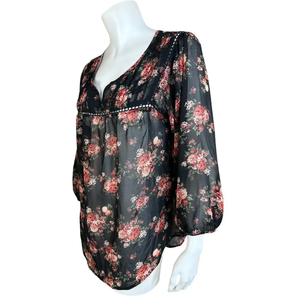 Mine Womens Large Black Floral Sheer 3/4‎ Length Sleeve Blouse - Picture 8 of 15